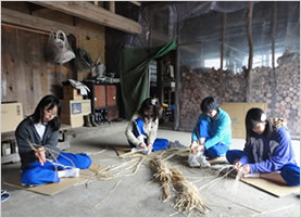 農業体験でワラ紐を作っている学生達の様子